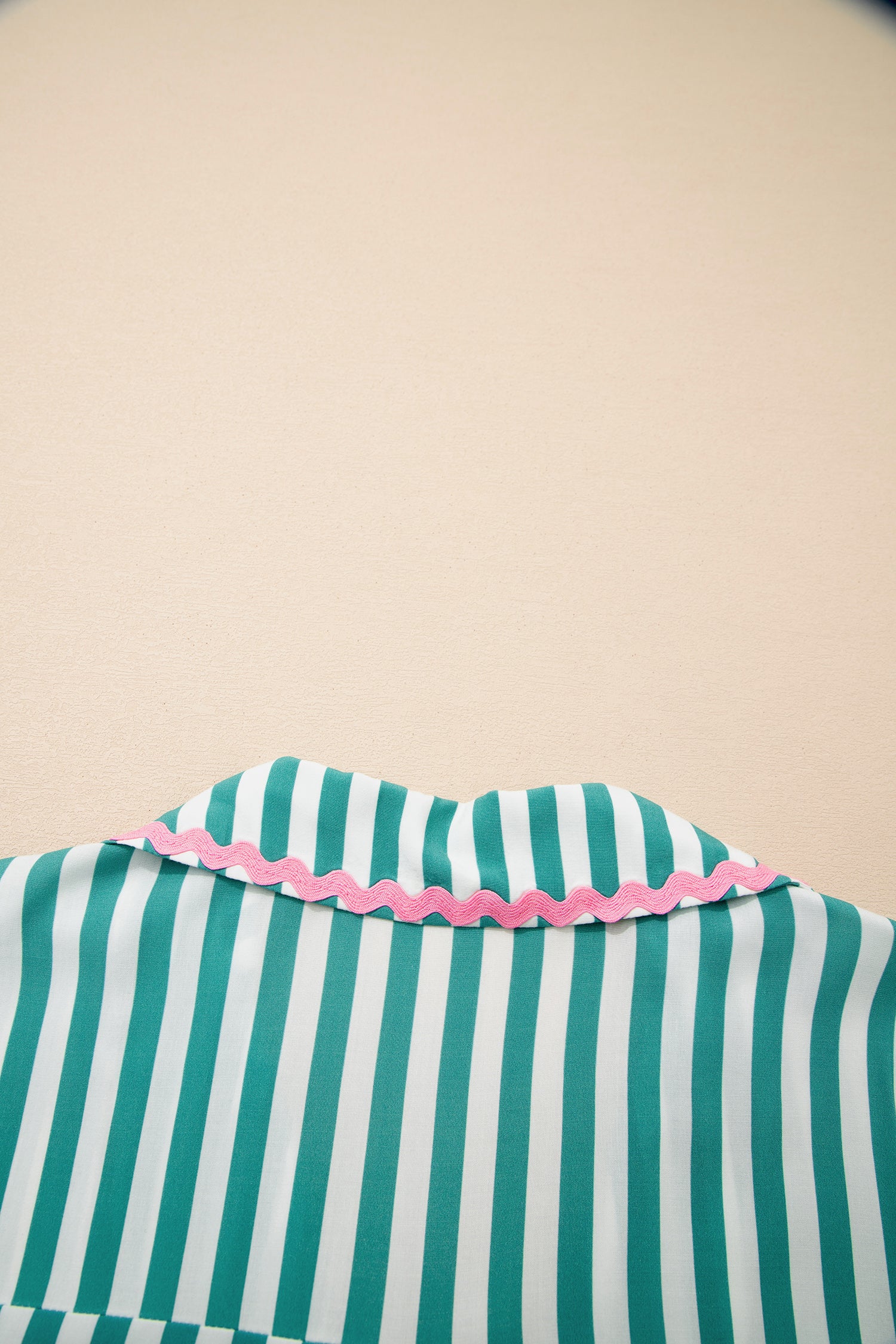 Green Stripe Contrast Ricrac Trim Long Sleeve Shirt Drawstring Ruffled Pajama Short Set-Loungewear & Sleepwear/Sleepwear-[Adult]-[Female]-2022 Online Blue Zone Planet