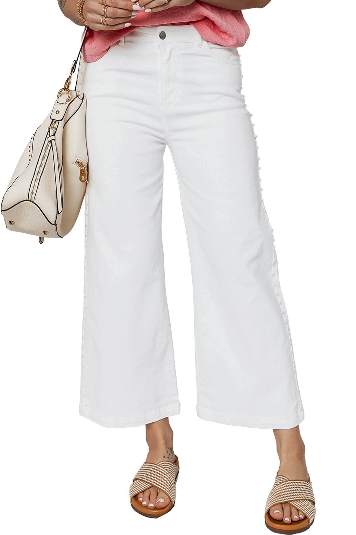 White Pearl Embellished Side Seam Ankle-length Shift Jeans-Bottoms/Jeans-[Adult]-[Female]-2022 Online Blue Zone Planet