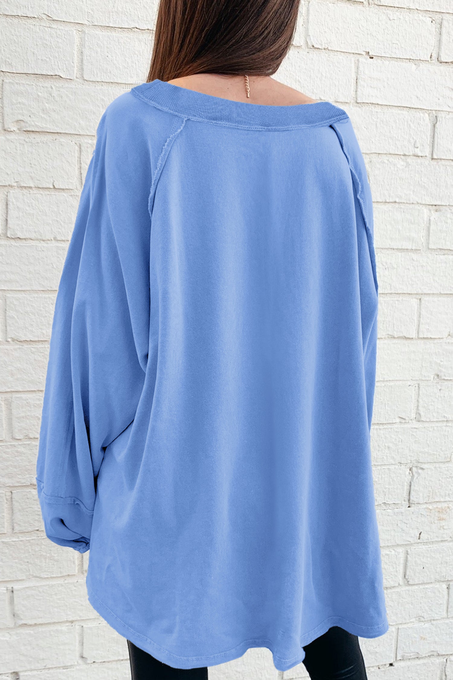 Beau Blue Solid Color Raw Seam Patchwork Baggy Sweatshirt-Tops/Sweatshirts & Hoodies-[Adult]-[Female]-2022 Online Blue Zone Planet