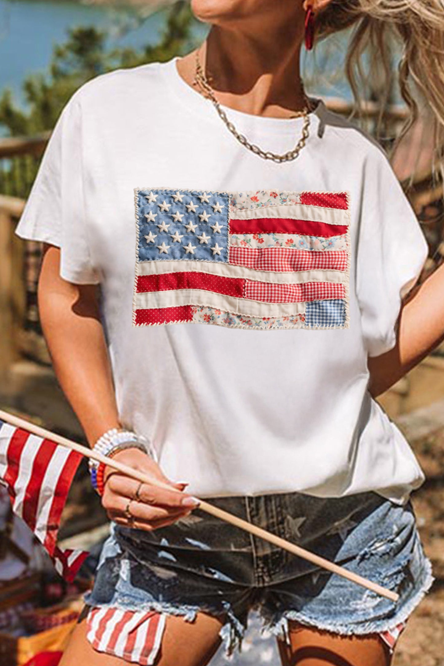 White Faux Patchwork Printed Us Flag Casual Tee-Graphic/Graphic Tees-[Adult]-[Female]-2022 Online Blue Zone Planet