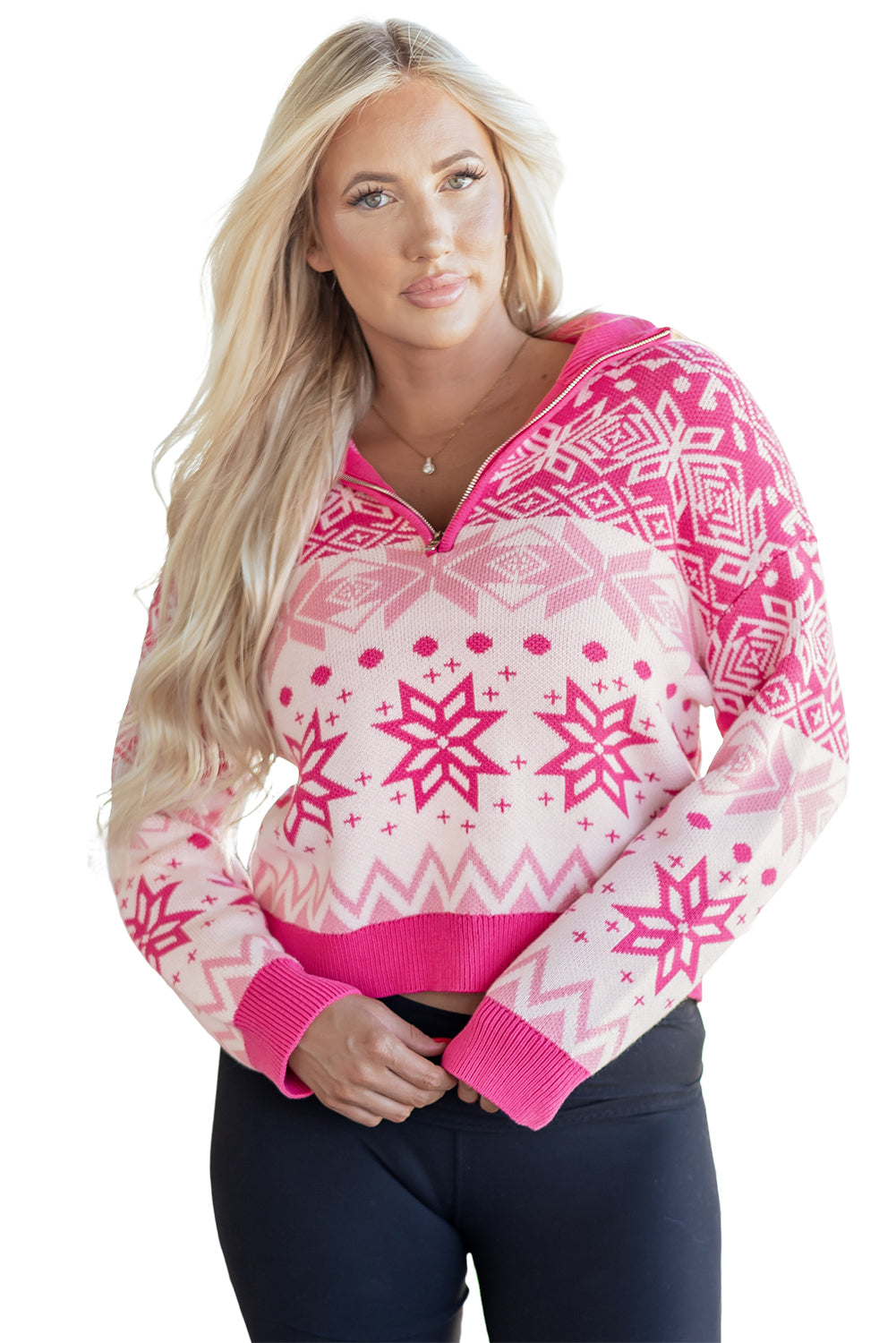 Rose Red Christmas Snowflake Quarter Zip Collard Sweater-TOPS / DRESSES-[Adult]-[Female]-2022 Online Blue Zone Planet