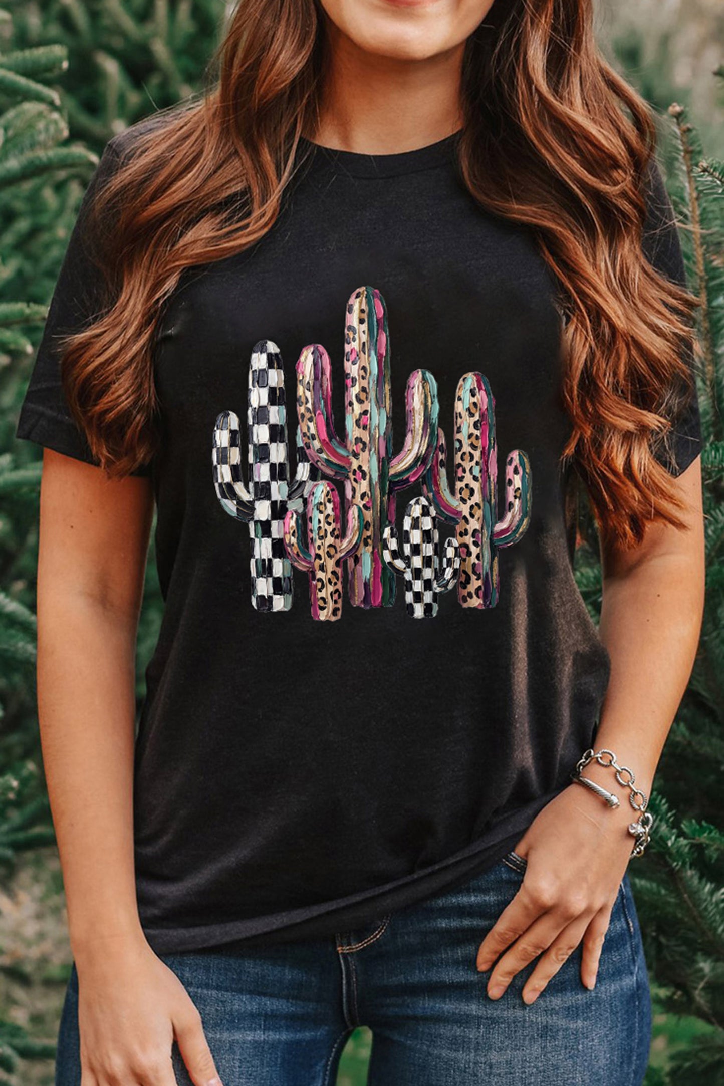 Black Mixed Pattern Cactus Graphic Print Relaxed T-Shirt