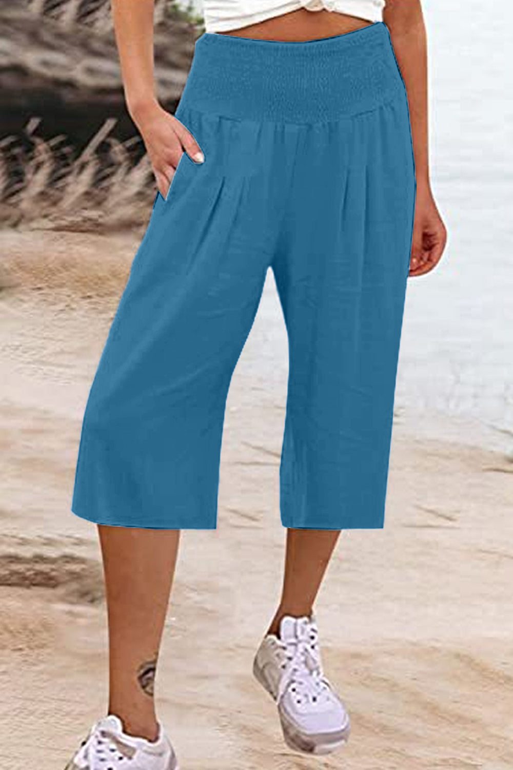 Pocketed High Waist Pants-BOTTOMS SIZES SMALL MEDIUM LARGE-[Adult]-[Female]-Cerulean-S-2022 Online Blue Zone Planet