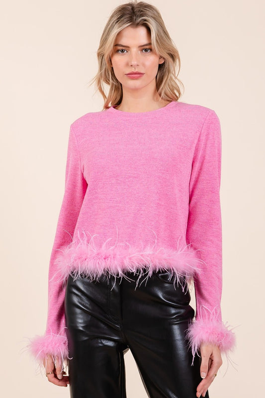 Mittoshop Feather Trim Long Sleeve Crop Hacci Knit Top-TOPS / DRESSES-[Adult]-[Female]-Bubble Gum-S-2022 Online Blue Zone Planet