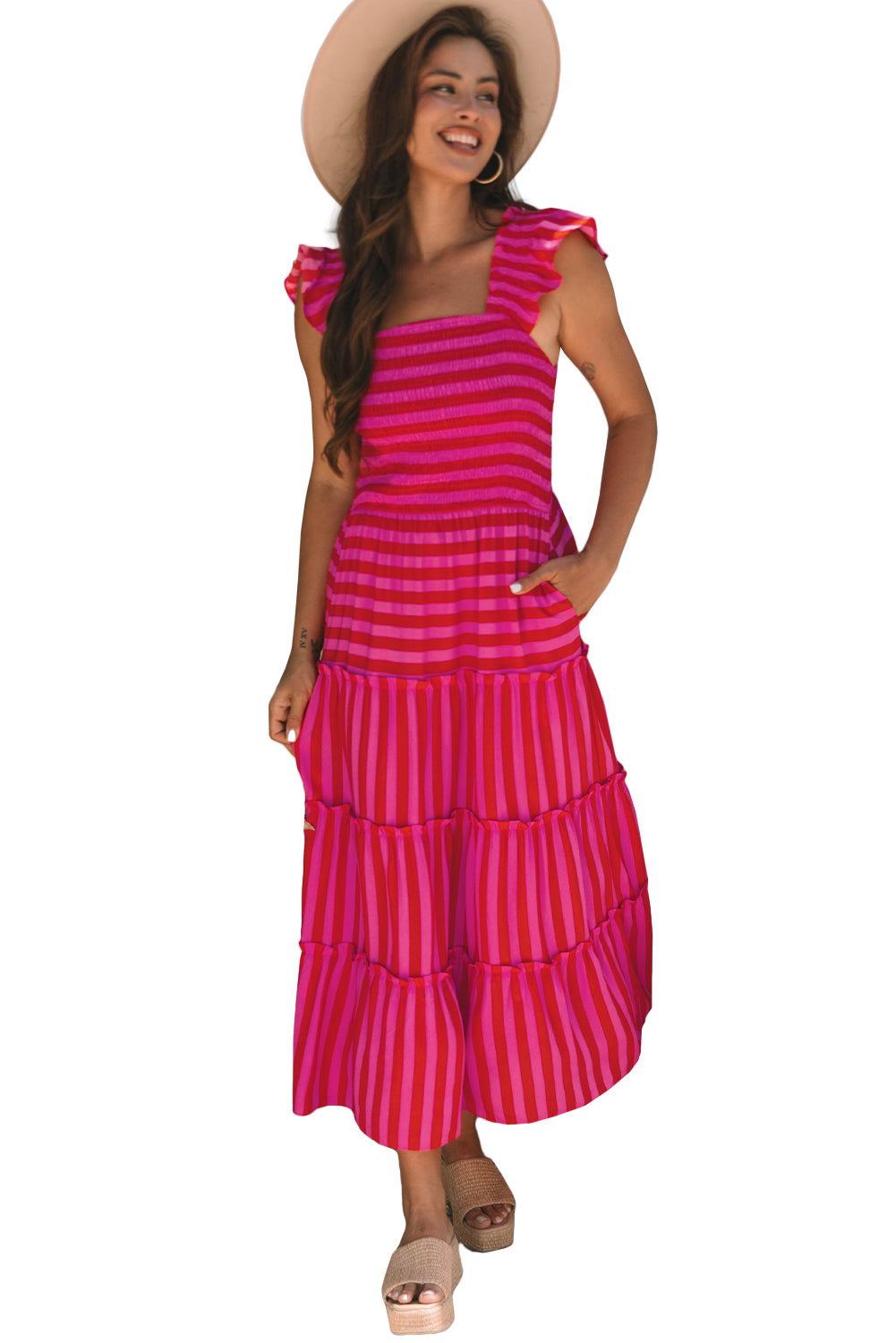 Rose Stripe Flutter Sleeve Smocked Bodice Tiered Maxi Dress-TOPS / DRESSES-[Adult]-[Female]-2022 Online Blue Zone Planet