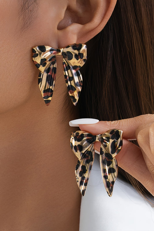 Gold Leopard Print Bow Knot Shape Plated Alloy Earrings-Accessories/Jewelry-[Adult]-[Female]-Gold-ONE SIZE-2022 Online Blue Zone Planet