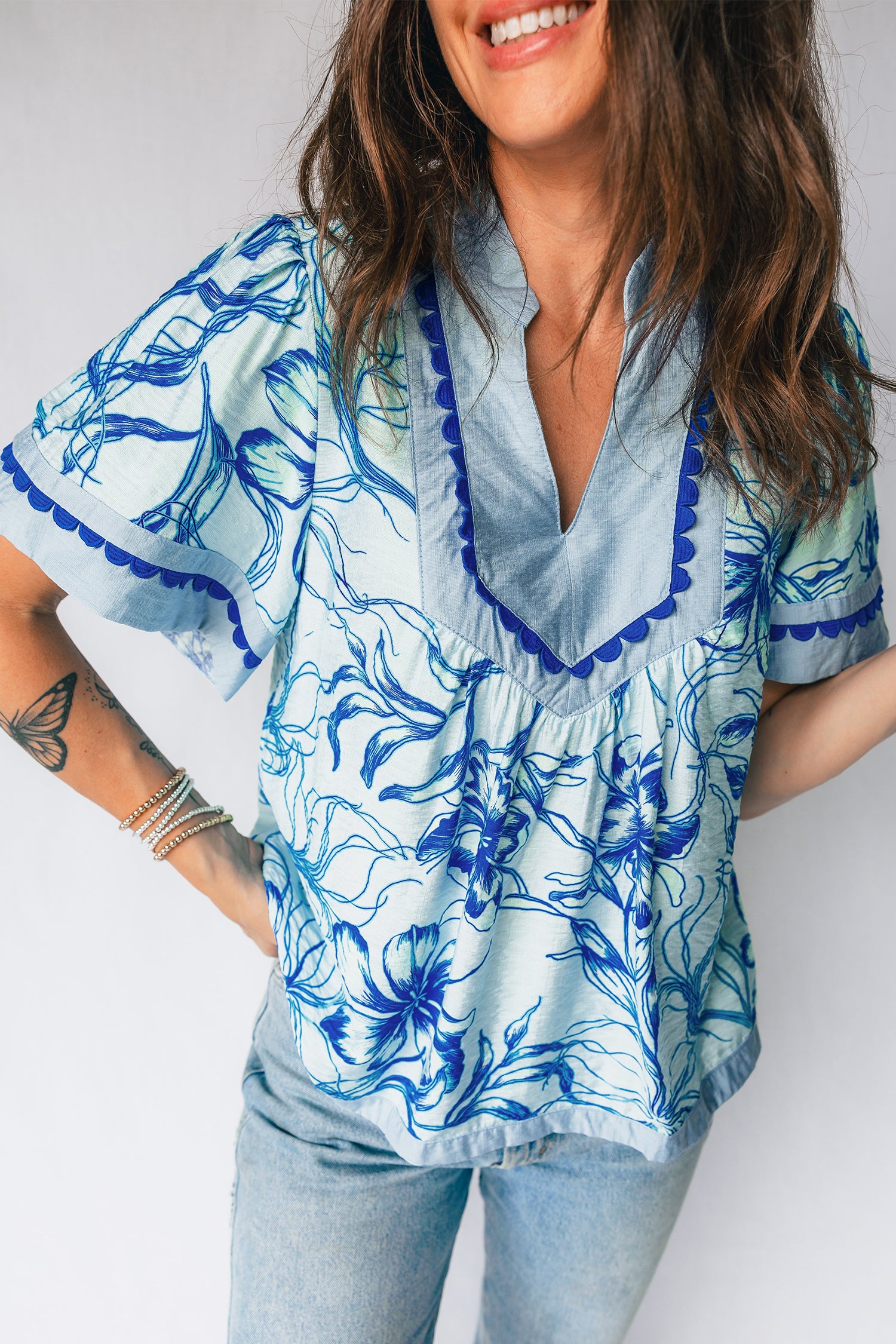 Sky Blue Ricrac Trim Slit V Neck Short Sleeve Floral Blouse-Tops/Blouses & Shirts-[Adult]-[Female]-2022 Online Blue Zone Planet
