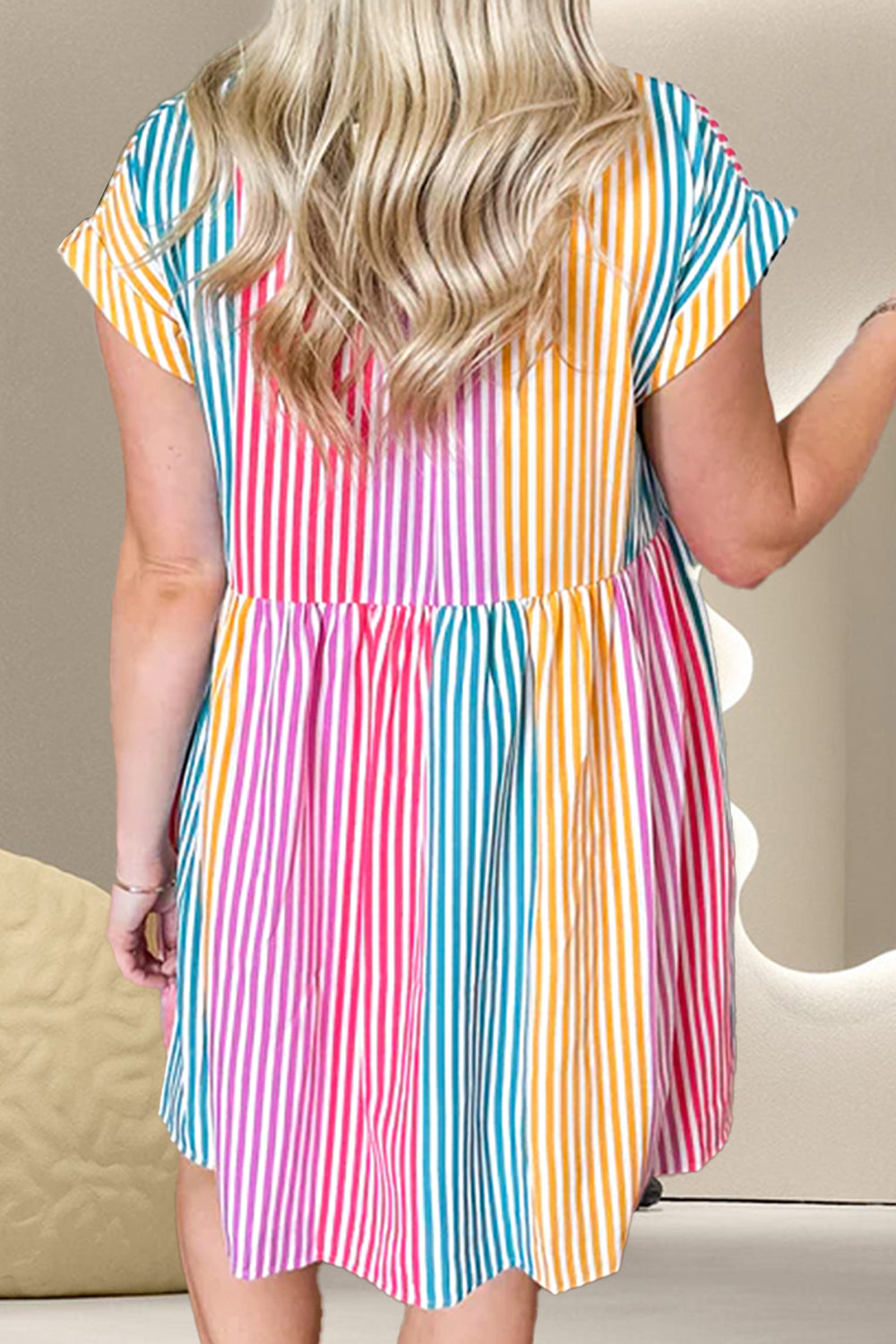 Striped Collared Neck Cap Sleeve Mini Dress-TOPS / DRESSES-[Adult]-[Female]-2022 Online Blue Zone Planet