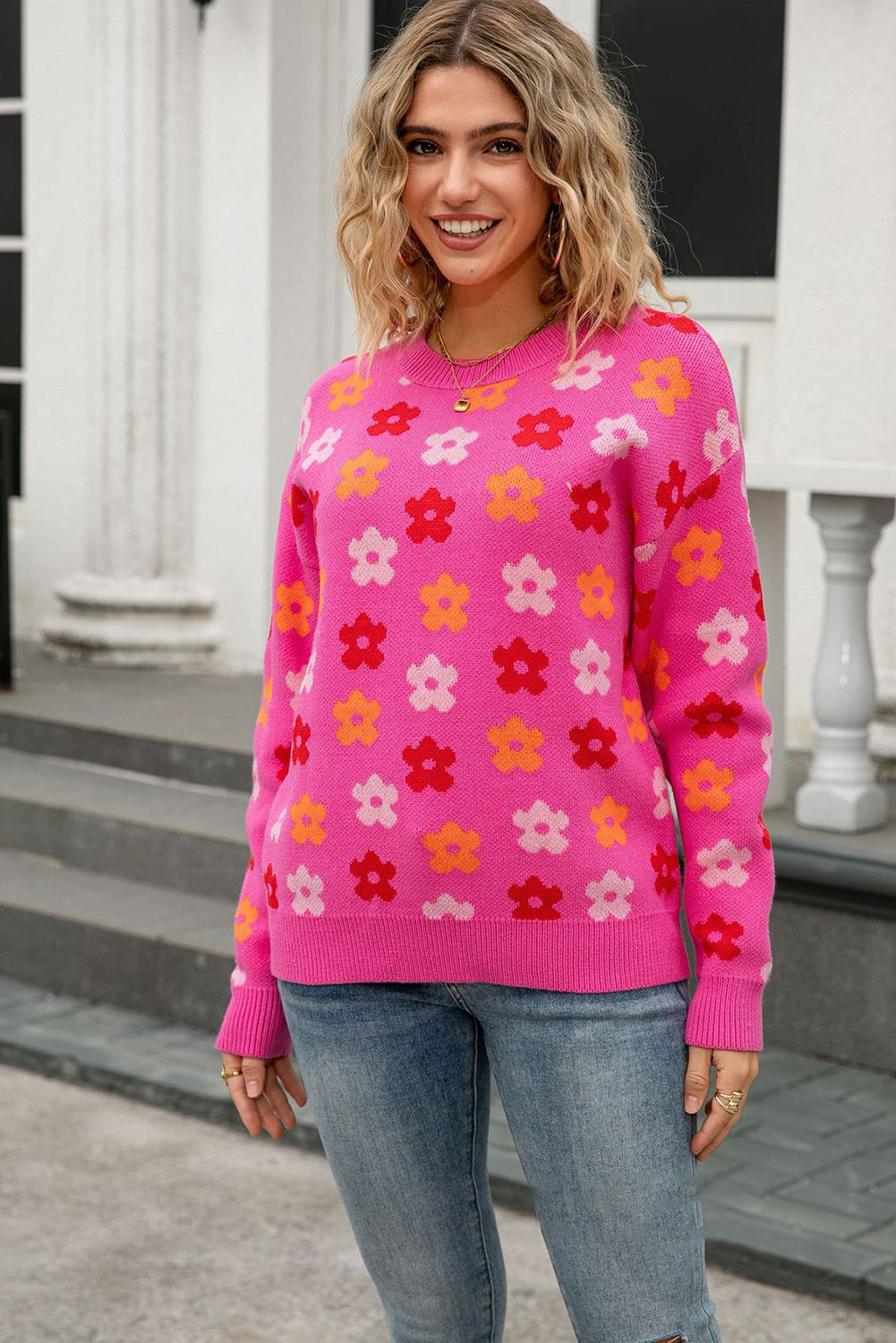 Rose Cute Flower Allover Ribbed Trimmed Drop Shoulder Pullover Sweater-TOPS / DRESSES-[Adult]-[Female]-2022 Online Blue Zone Planet