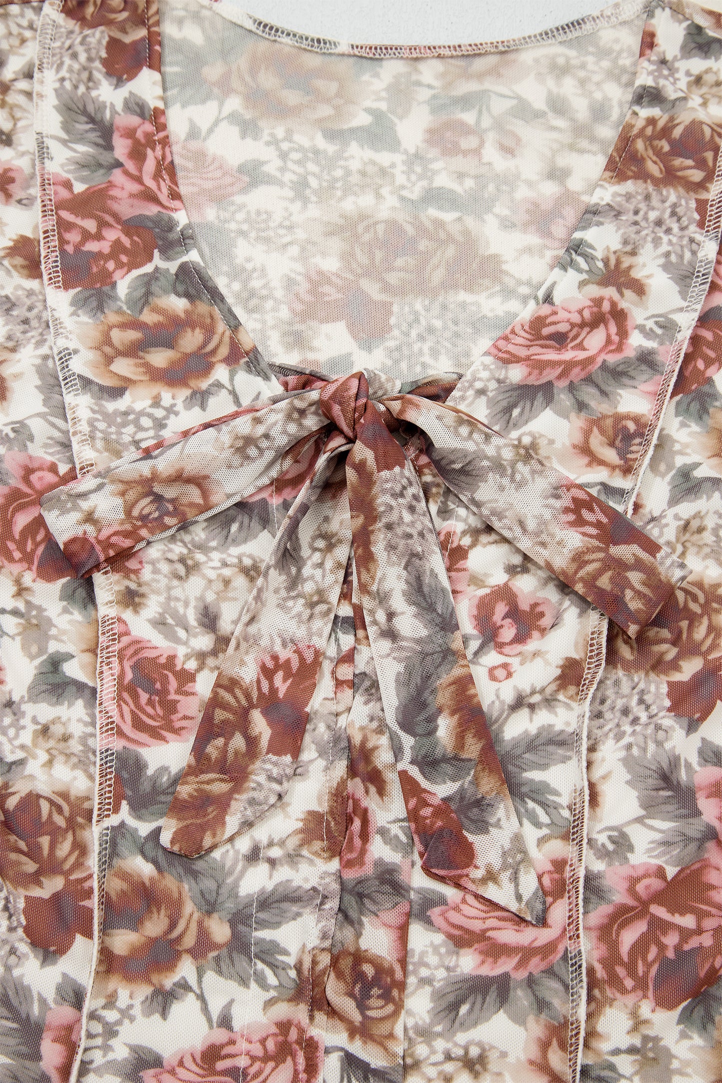 Red Floral Print Stitched Detail Tie V Neck Long Bell Sleeve Blouse-Tops/Blouses & Shirts-[Adult]-[Female]-2022 Online Blue Zone Planet