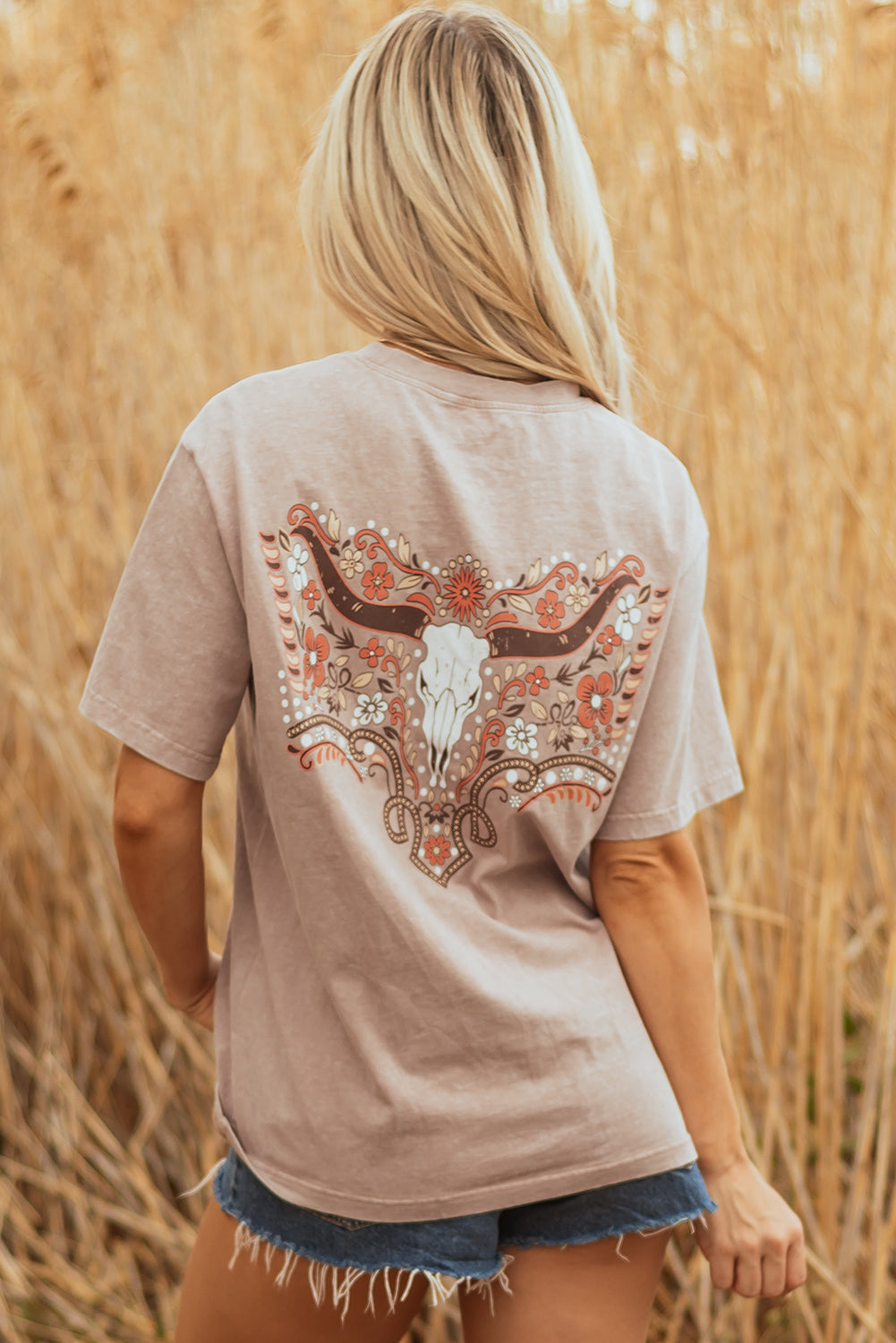 Smoke Gray Mineral Wash Floral Steer Head Printed Back Western Fashion Tee-Tops/Tops & Tees-[Adult]-[Female]-2022 Online Blue Zone Planet
