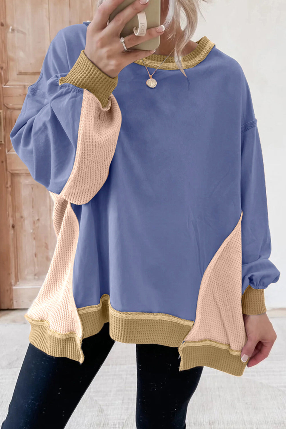 Wild Wind Color Block Mix Texture Waffle Patchwork Oversize Sweatshirt-Tops/Sweatshirts & Hoodies-[Adult]-[Female]-Wild Wind-S-2022 Online Blue Zone Planet