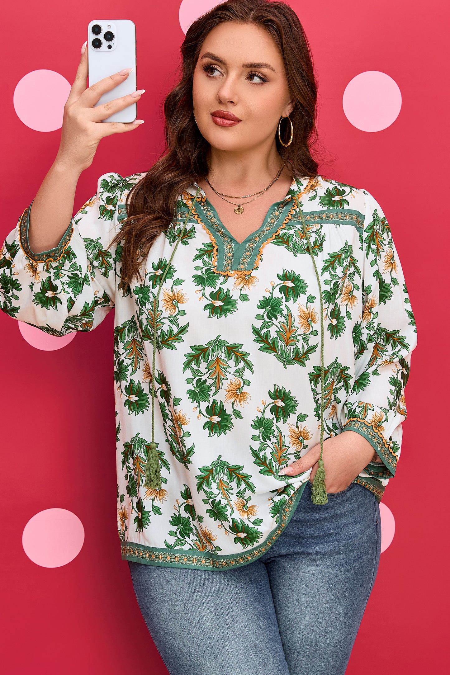 Green Plus Size Floral Printed Contrast Patchwork Detail Tassel Tie 3/4 Sleeve Blouse-Plus Size/Plus Size Tops/Plus Size Blouses & Shirts-[Adult]-[Female]-2022 Online Blue Zone Planet