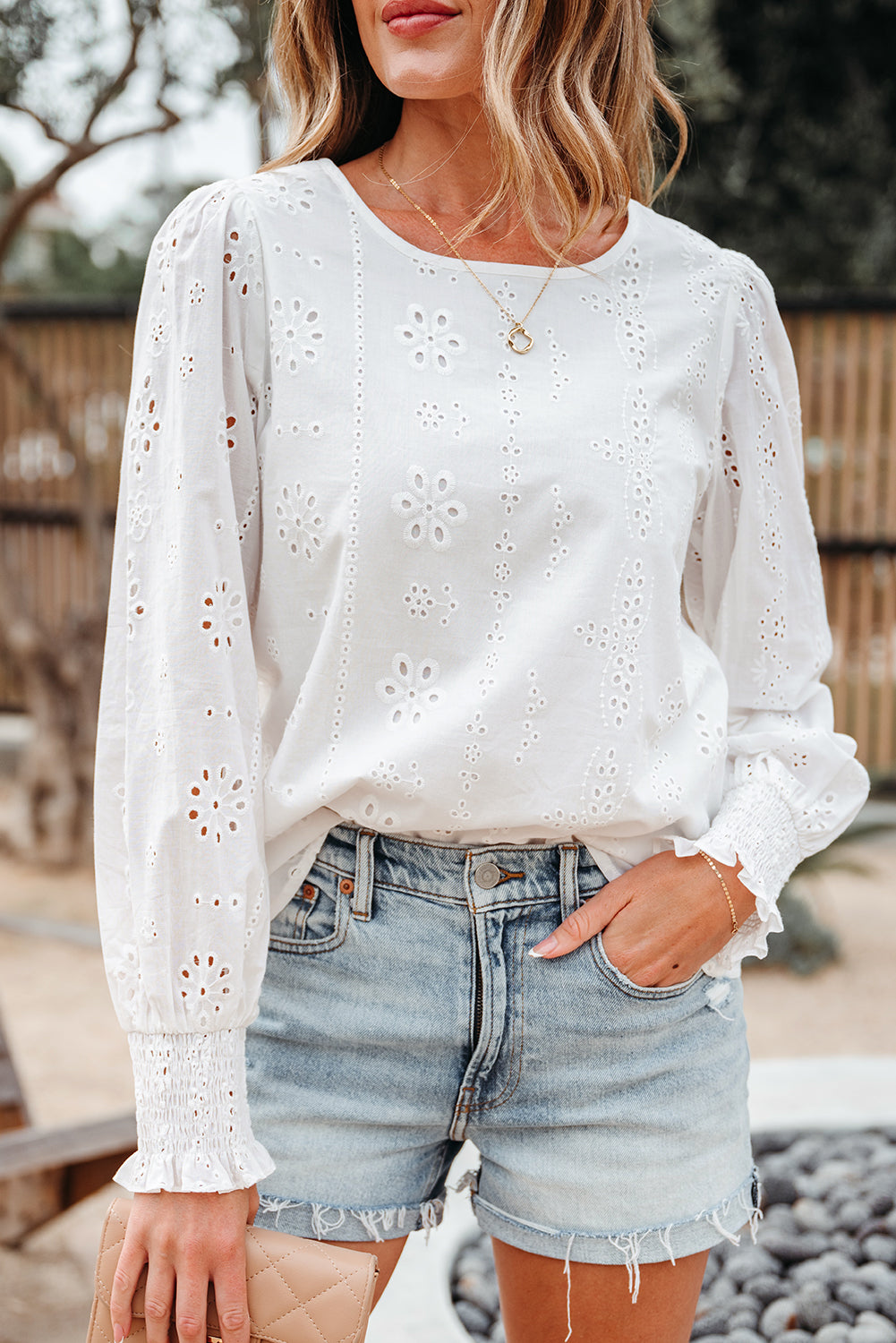 White Eyelet Embroidered Smocked Cuff Sheer Blouse-Tops/Blouses & Shirts-[Adult]-[Female]-2022 Online Blue Zone Planet