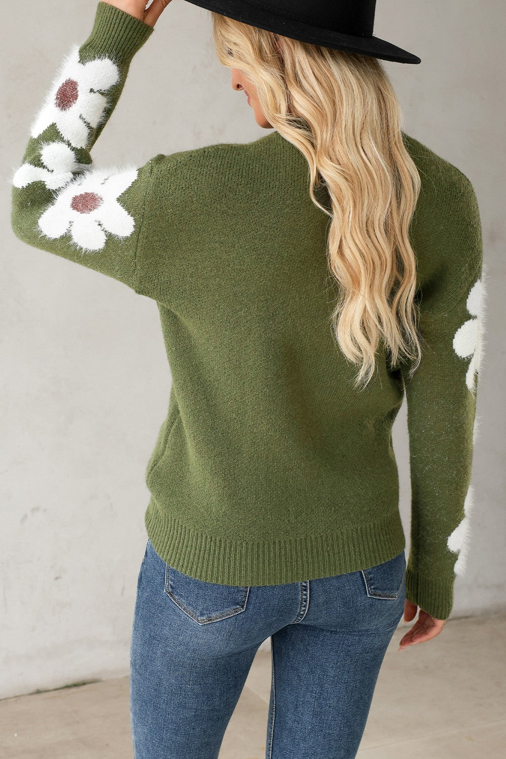 Flower Round Neck Long Sleeve Sweater-TOPS / DRESSES-[Adult]-[Female]-2022 Online Blue Zone Planet