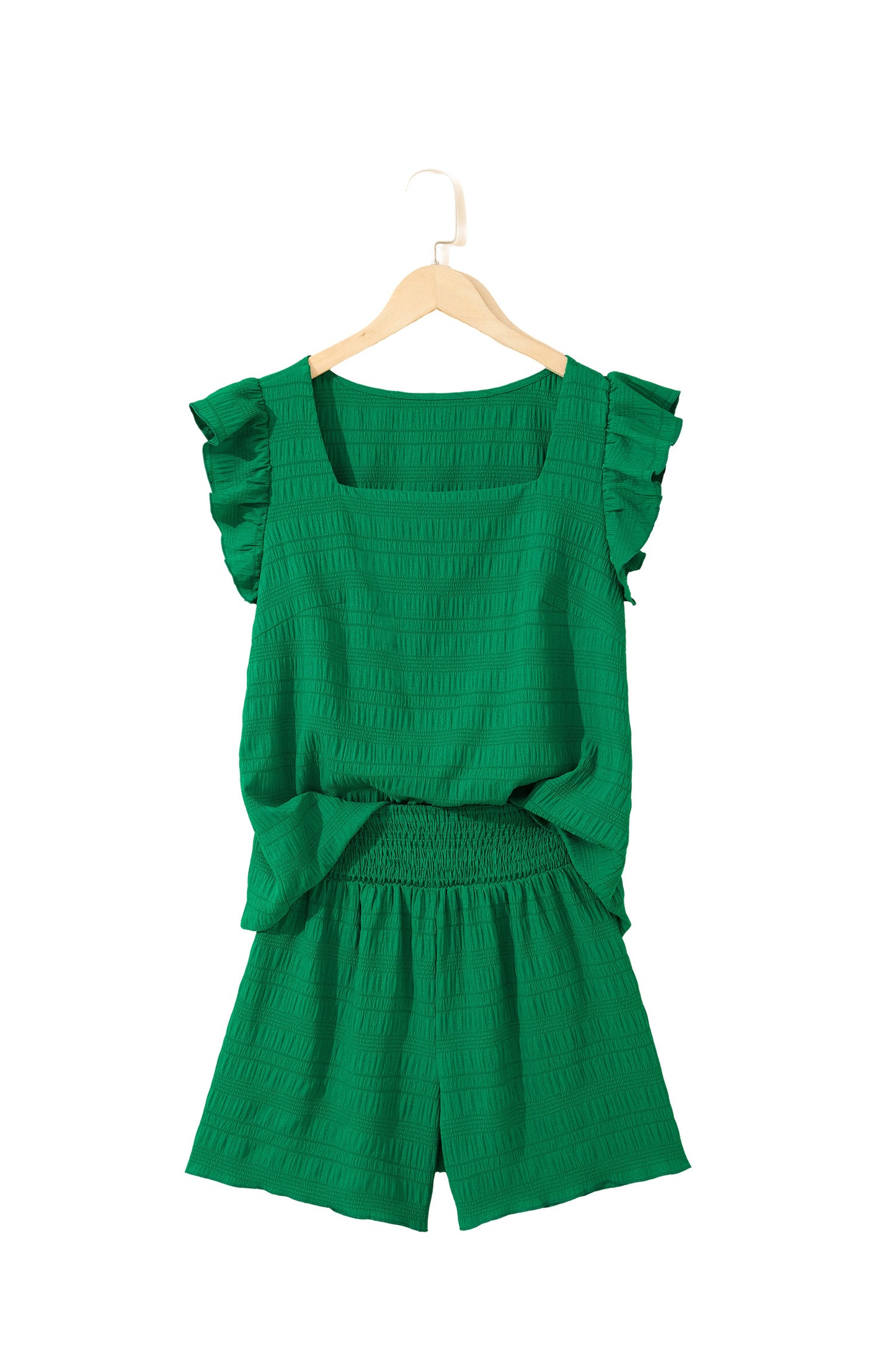 Peach Blossom Textured Square Neck Top And Shirred High Waist Shorts Set-Two Piece Sets/Short Sets-[Adult]-[Female]-2022 Online Blue Zone Planet