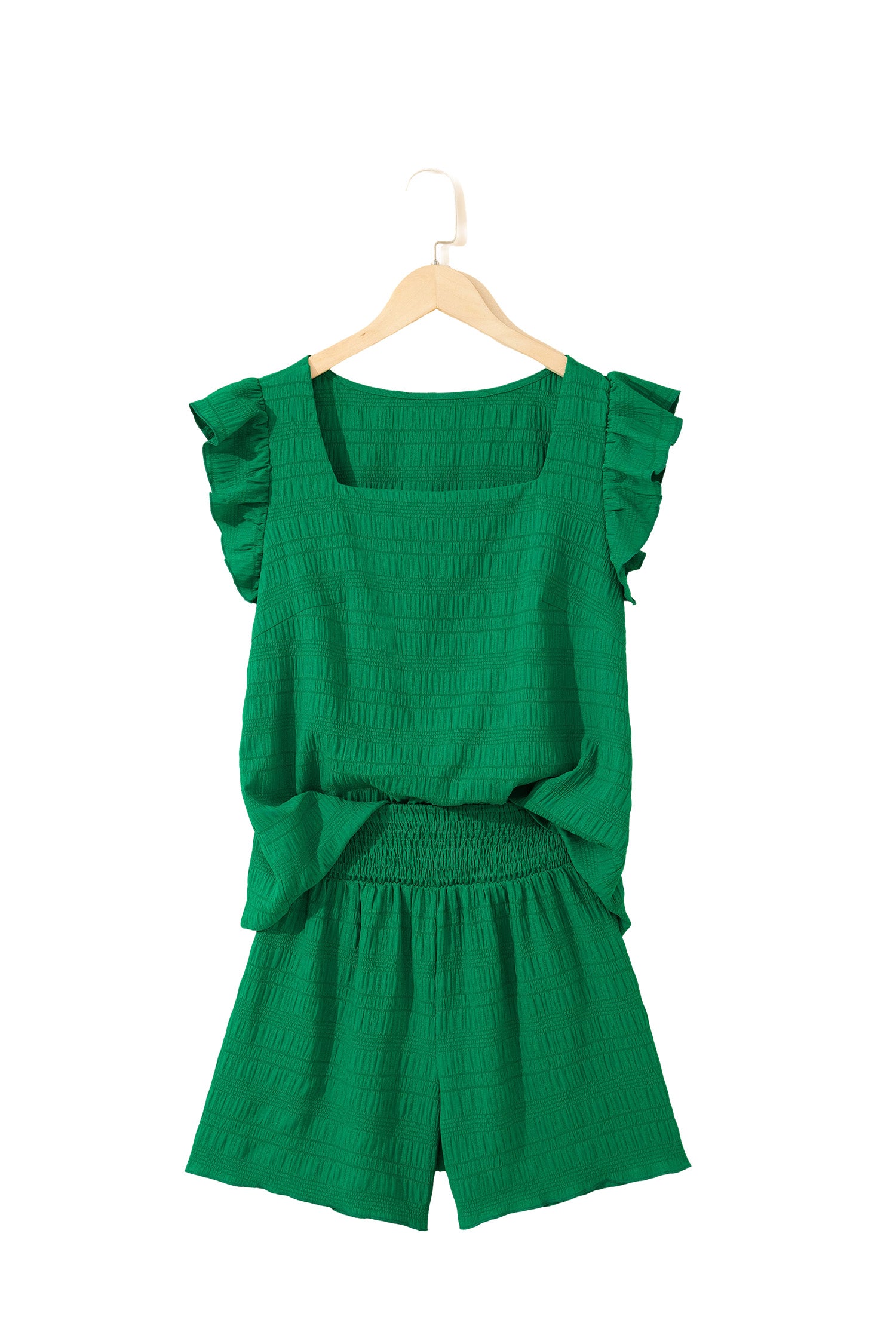 Peach Blossom Textured Square Neck Top And Shirred High Waist Shorts Set-Two Piece Sets/Short Sets-[Adult]-[Female]-2022 Online Blue Zone Planet