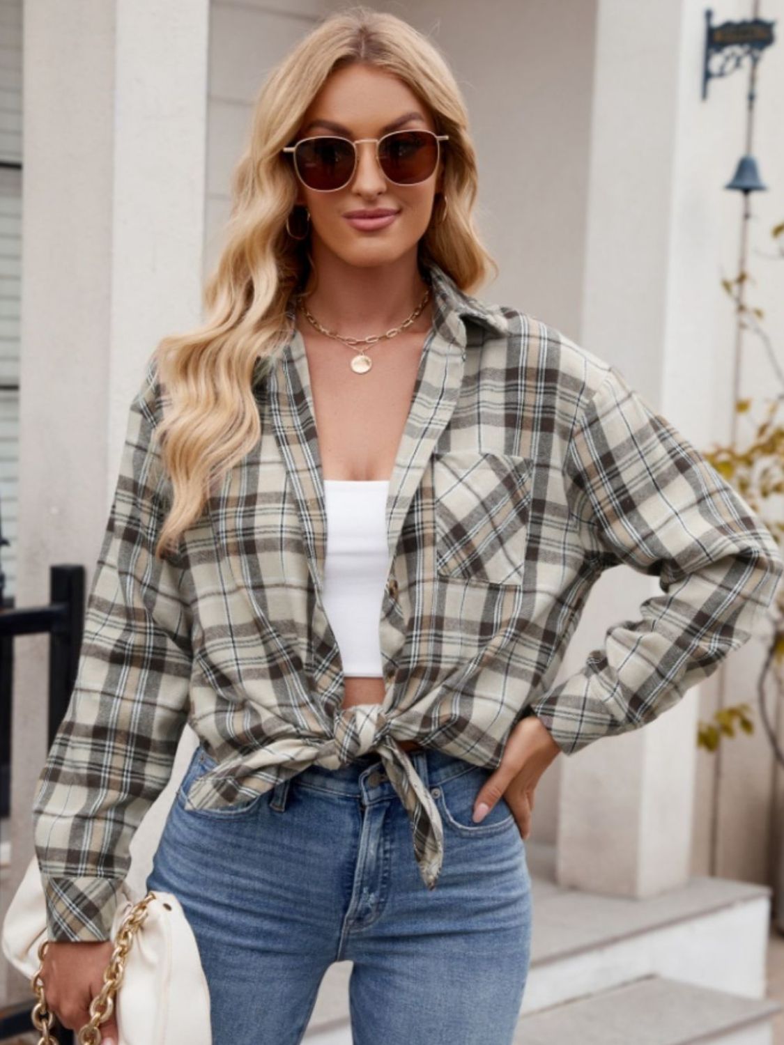 Blue Zone Planet | Pocketed Plaid Collared Neck Long Sleeve Shirt-TOPS / DRESSES-[Adult]-[Female]-Khaki-S-2022 Online Blue Zone Planet