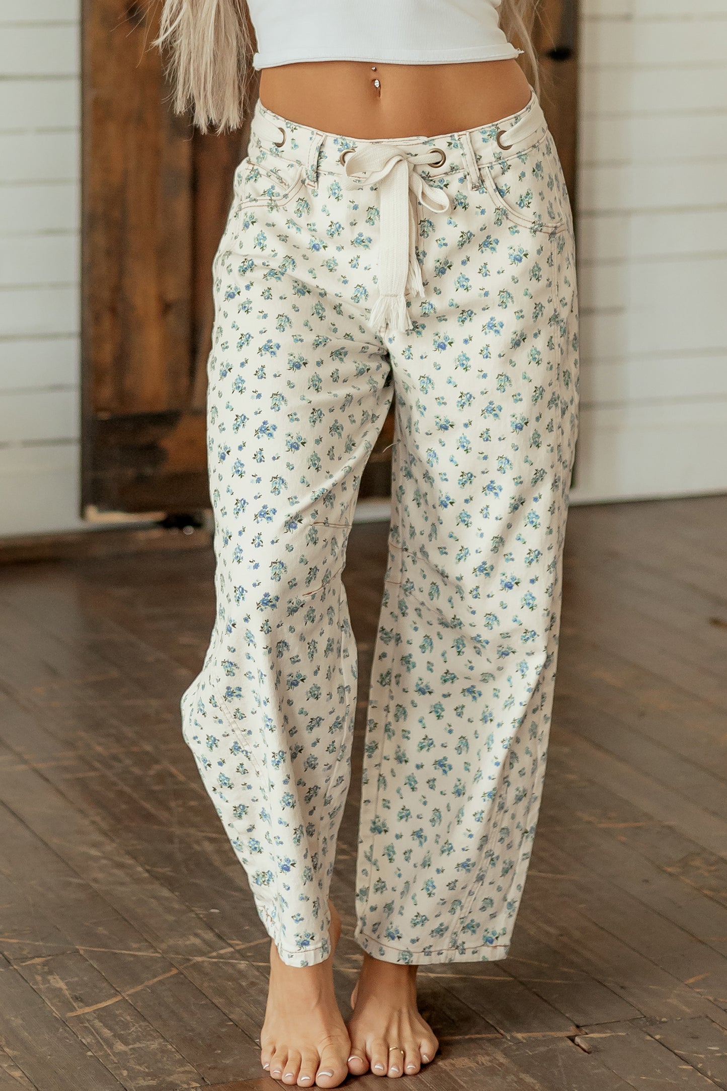 Beige Grommet Knot Waist Floral Barrel Leg Jeans-Bottoms/Jeans-[Adult]-[Female]-2022 Online Blue Zone Planet