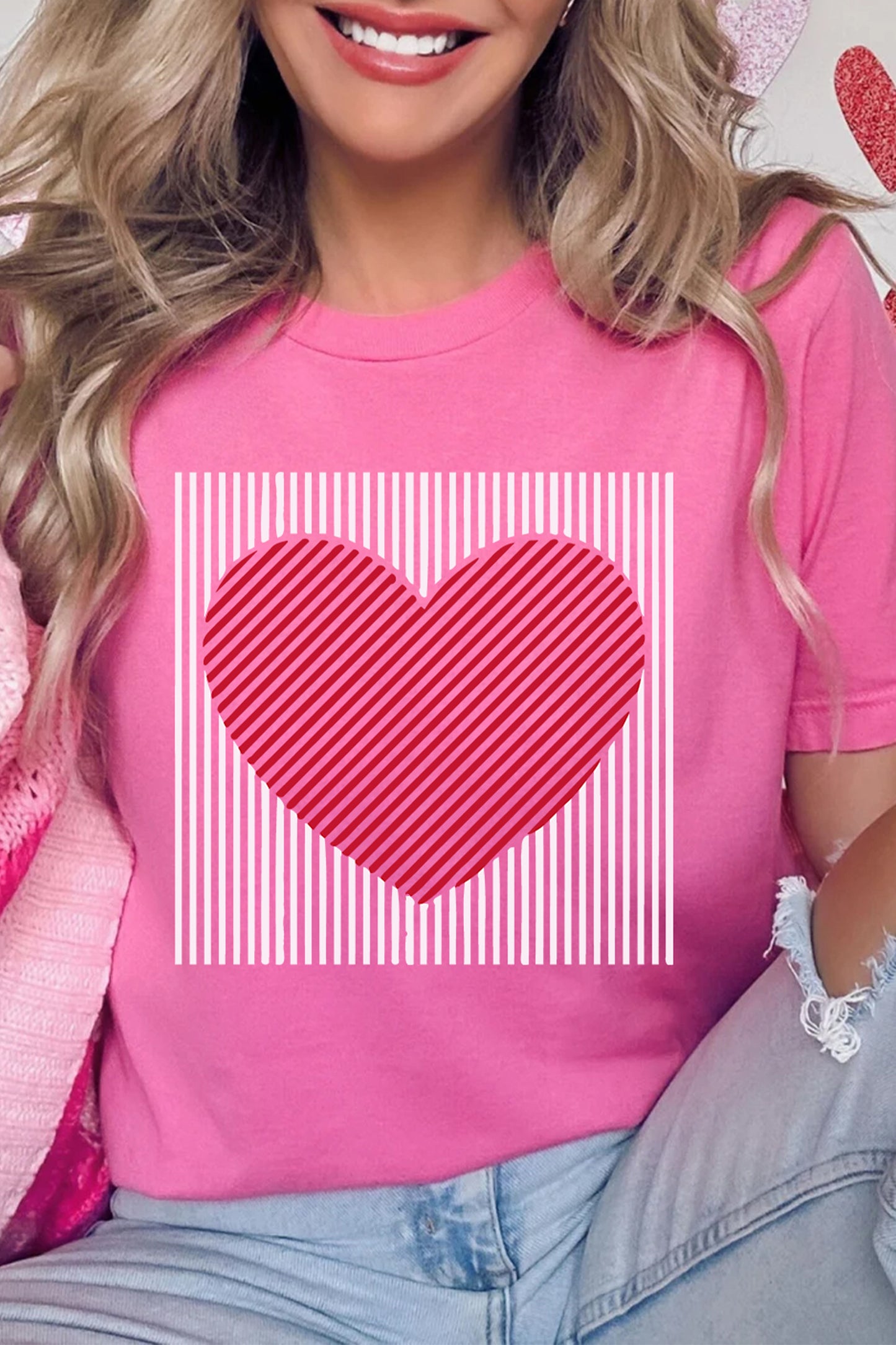 Sachet Pink Contrast Striped Heart Printed Valentines Day T Shirt-Graphic Tees-[Adult]-[Female]-Sachet Pink-2XL-2022 Online Blue Zone Planet