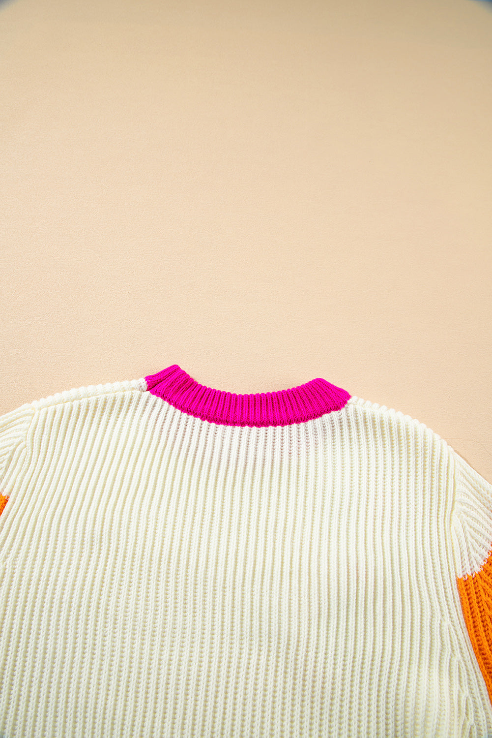 Blue Zone Planet | Beige Colorblock Flower Print Cable Knit Loose Sweater-Sweaters & Cardigans/Sweaters-[Adult]-[Female]-2022 Online Blue Zone Planet