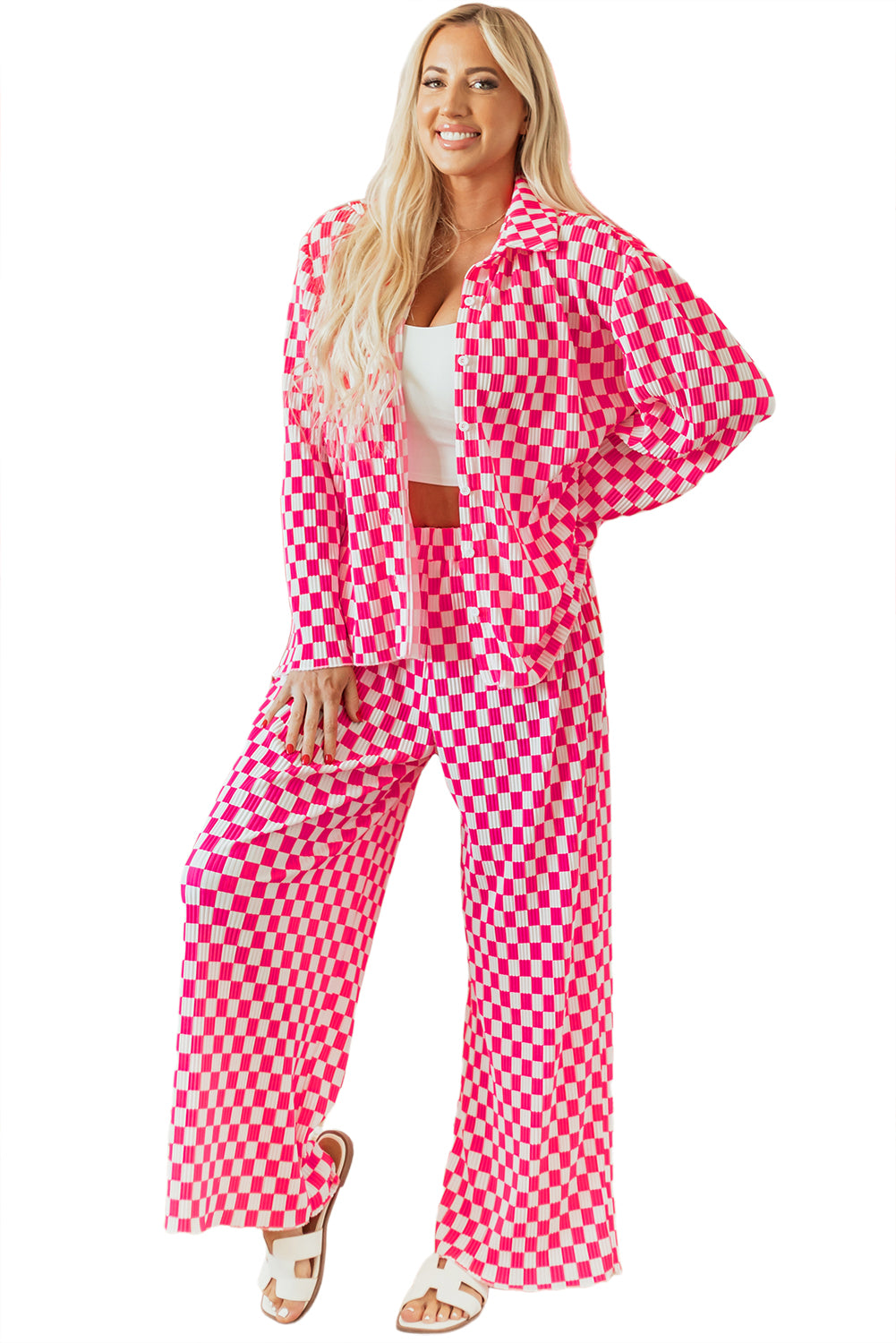 Blue Zone Planet | Pink Checkered Buttoned Shirt and High Waist Pants Pajama Set-TOPS / DRESSES-[Adult]-[Female]-2022 Online Blue Zone Planet