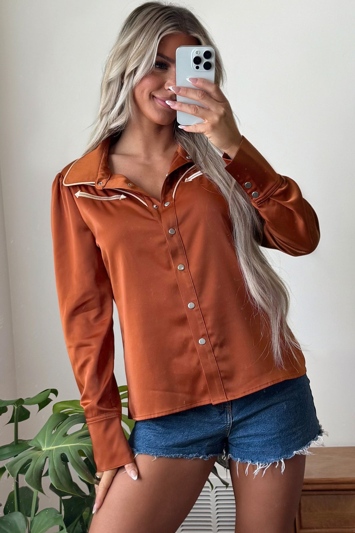 Cinnamon Silky Long Sleeve Button Front Western Fashion Shirt-Tops/Blouses & Shirts-[Adult]-[Female]-2022 Online Blue Zone Planet