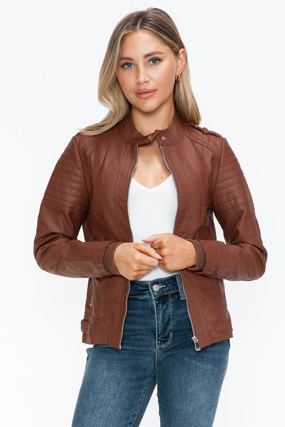 Blue Zone Planet | Snobbish PU Leather Biker Jacket with Side Zip Pockets-TOPS / DRESSES-[Adult]-[Female]-Brandy-S-2022 Online Blue Zone Planet