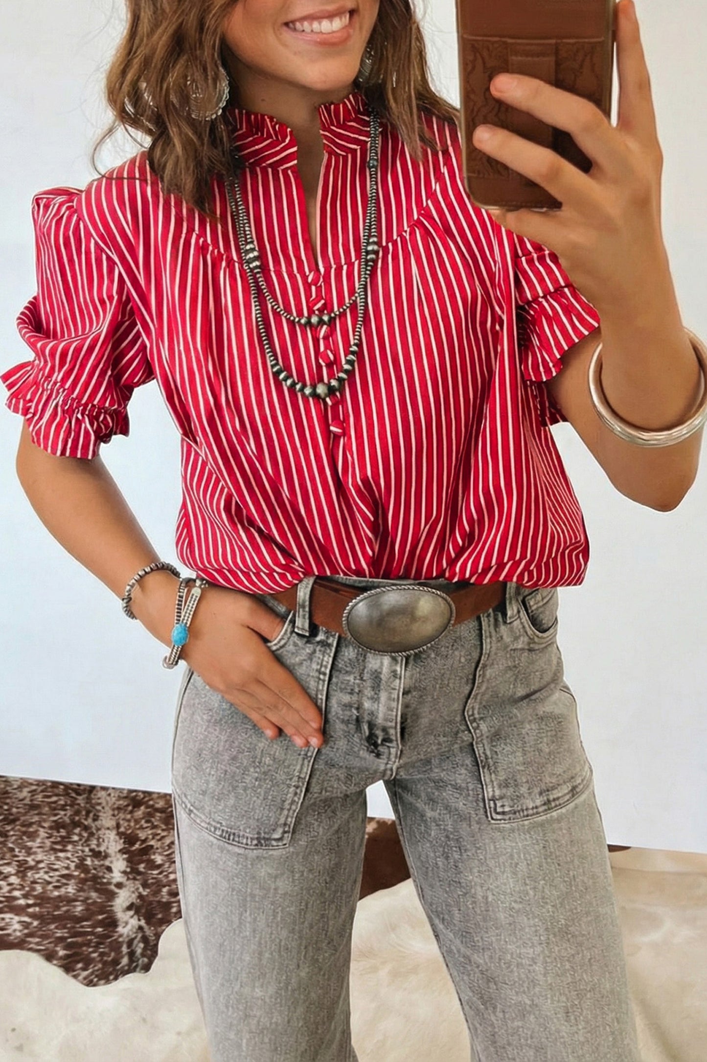 Red Stripe Ruffled Short Puff Sleeve Button Front Blouse-Tops/Blouses & Shirts-[Adult]-[Female]-Red Stripe-S-2022 Online Blue Zone Planet