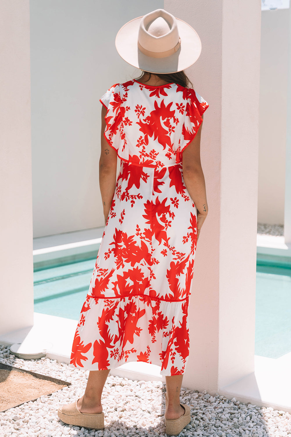 Red Floral Print Trimmed V Neck Ruffle Sleeve Long Dress-TOPS / DRESSES-[Adult]-[Female]-2022 Online Blue Zone Planet