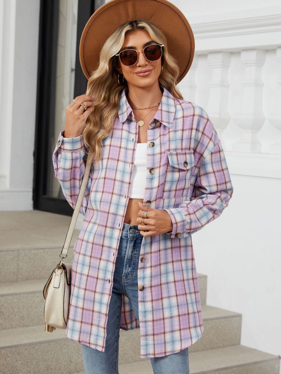 Plaid Collared Neck Long Sleeve Shirt-TOPS / DRESSES-[Adult]-[Female]-2022 Online Blue Zone Planet