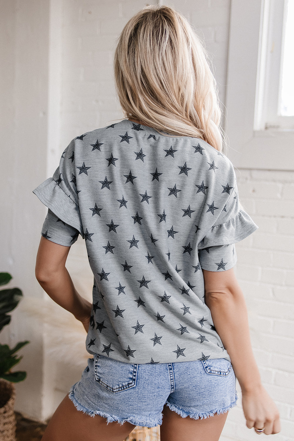 Gray Star Print Tiered Ruffled Sleeve Crew Neck T Shirt-Tops/Tops & Tees-[Adult]-[Female]-2022 Online Blue Zone Planet