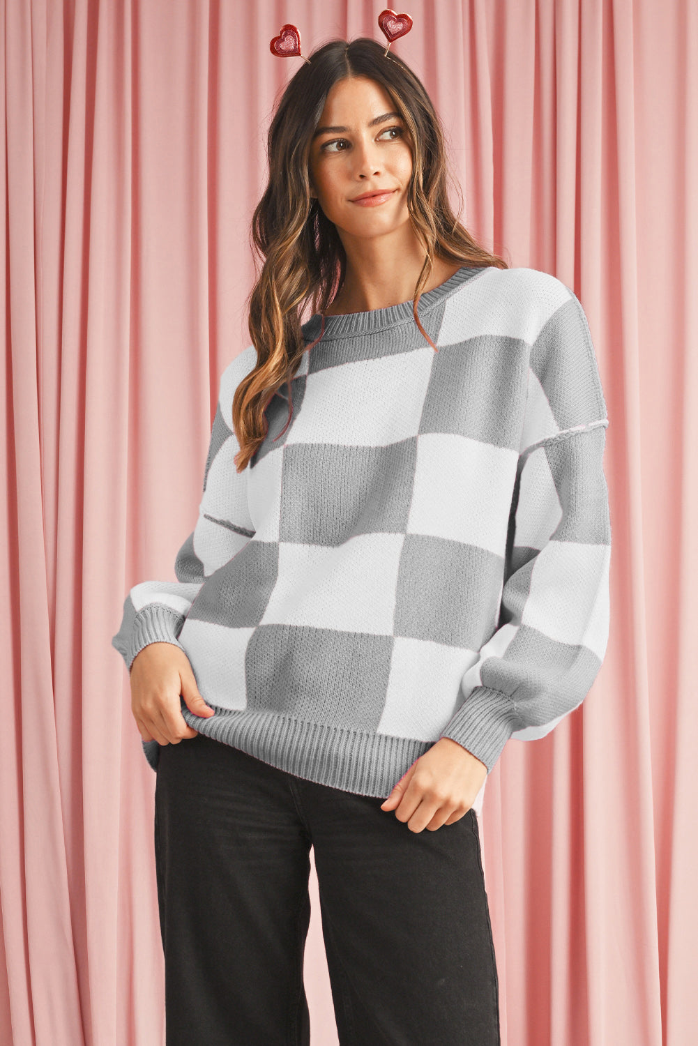 Blue Zone Planet | Pink Checked Bishop Sleeve Pullover Sweater-Sweaters-[Adult]-[Female]-Gray Stripe-S-2022 Online Blue Zone Planet