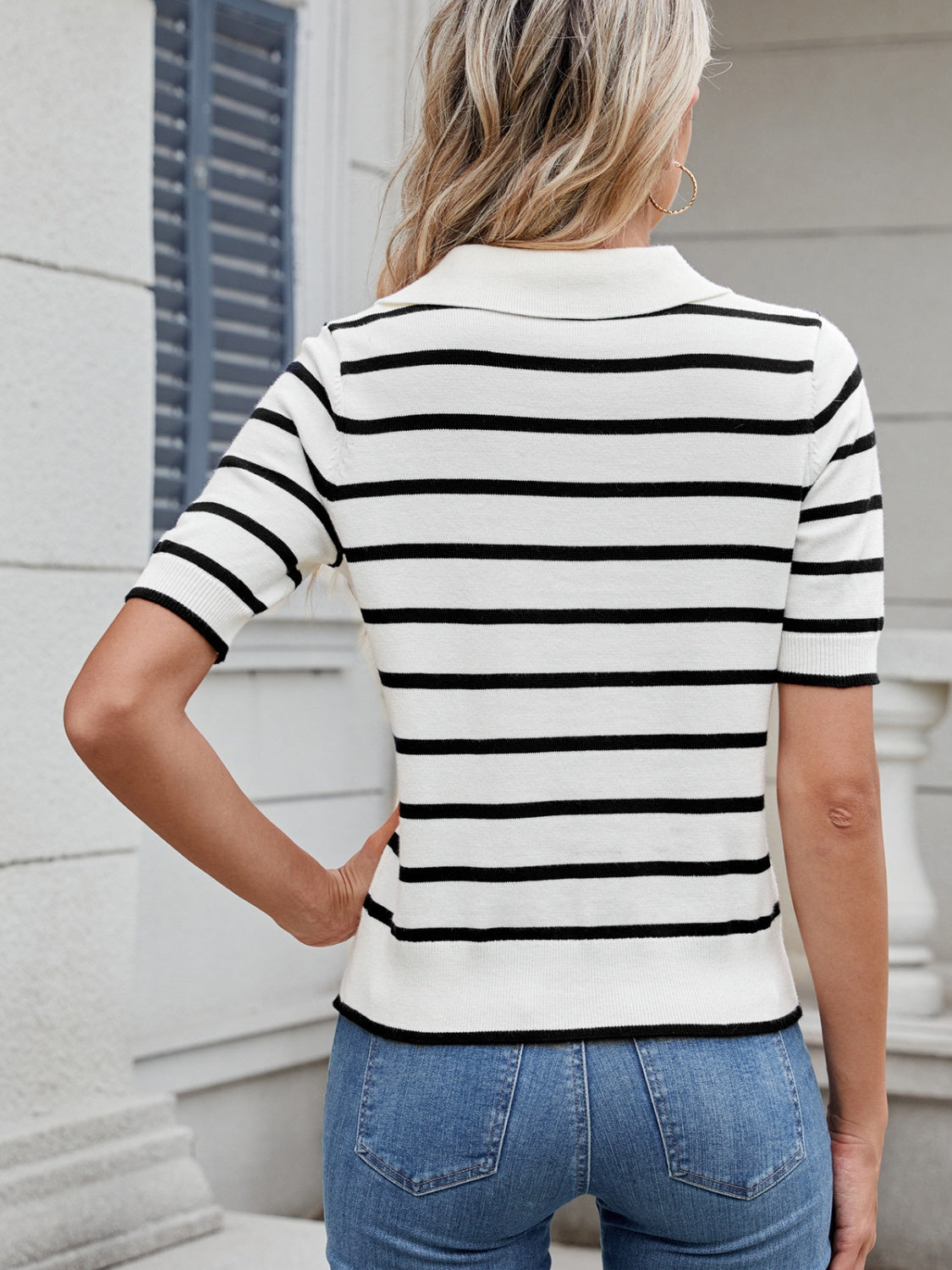 Striped Johnny Collar Short Sleeve Sweater-TOPS / DRESSES-[Adult]-[Female]-2022 Online Blue Zone Planet