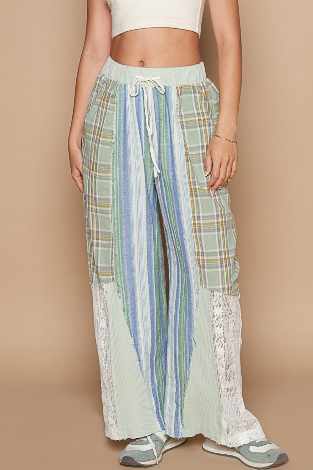 POL Drawstring Plaid Print Lace Straight Pants-BOTTOMS SIZES SMALL MEDIUM LARGE-[Adult]-[Female]-Light Green Multi-S-2022 Online Blue Zone Planet