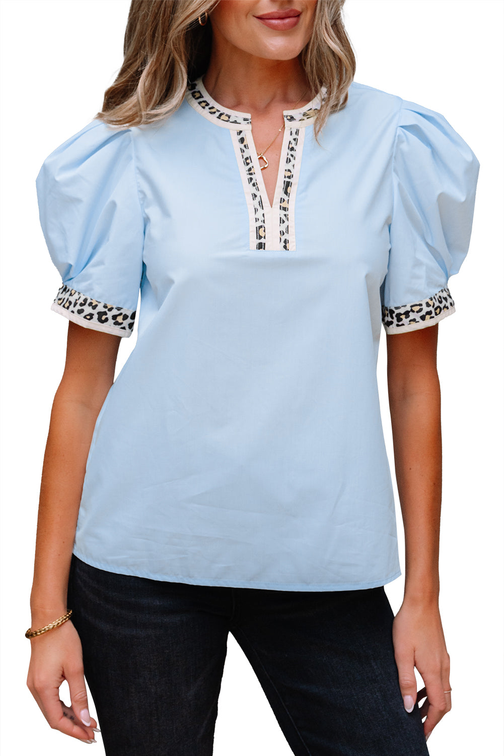 Beau Blue Contrast Leopard Trim Split Neck Puff Sleeve Blouse-Tops/Blouses & Shirts-[Adult]-[Female]-2022 Online Blue Zone Planet