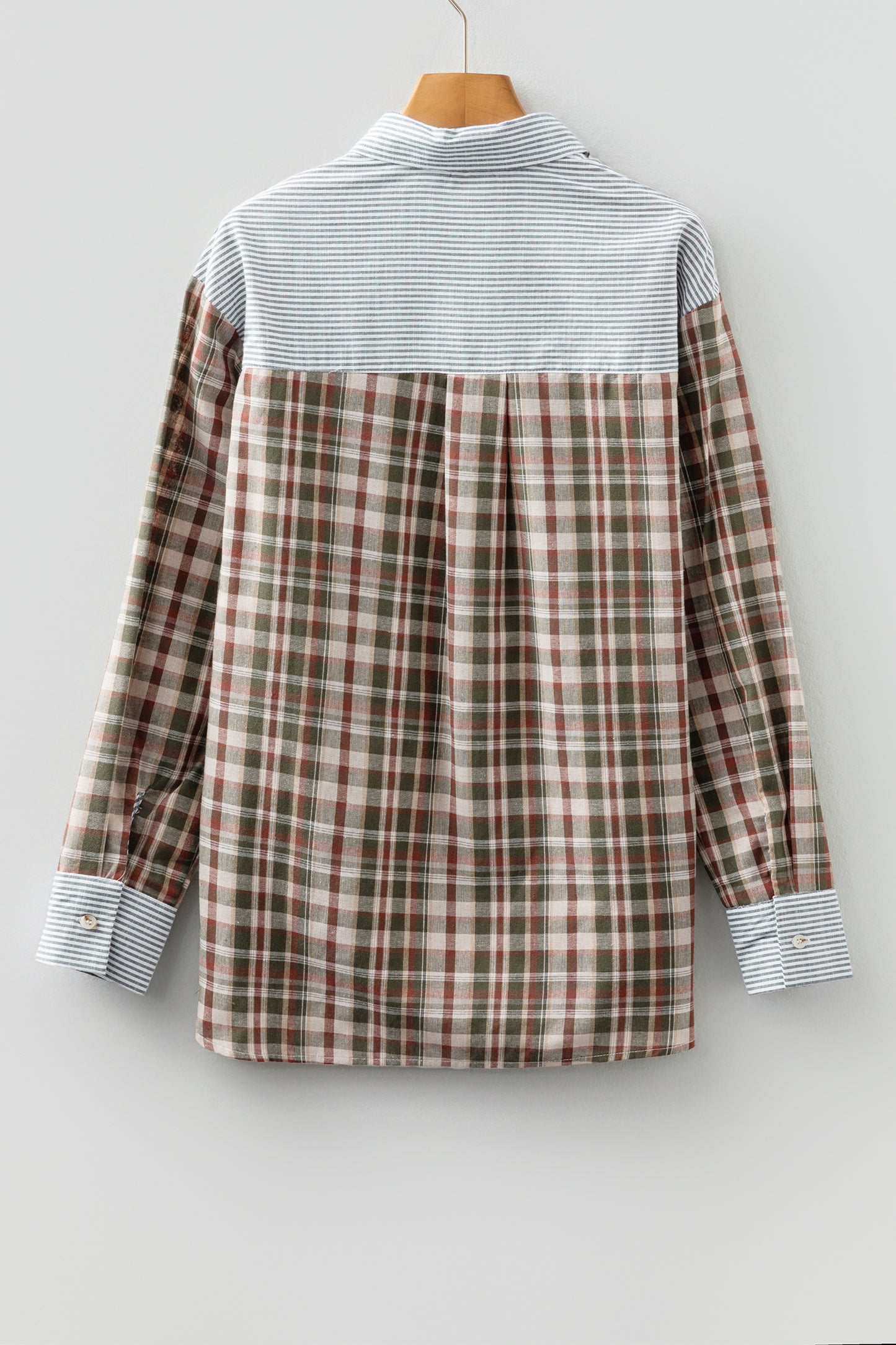 Brown Plaid Print Striped Patchwork Single Chest Pocket Buttoned Shirt-Tops/Blouses & Shirts-[Adult]-[Female]-2022 Online Blue Zone Planet