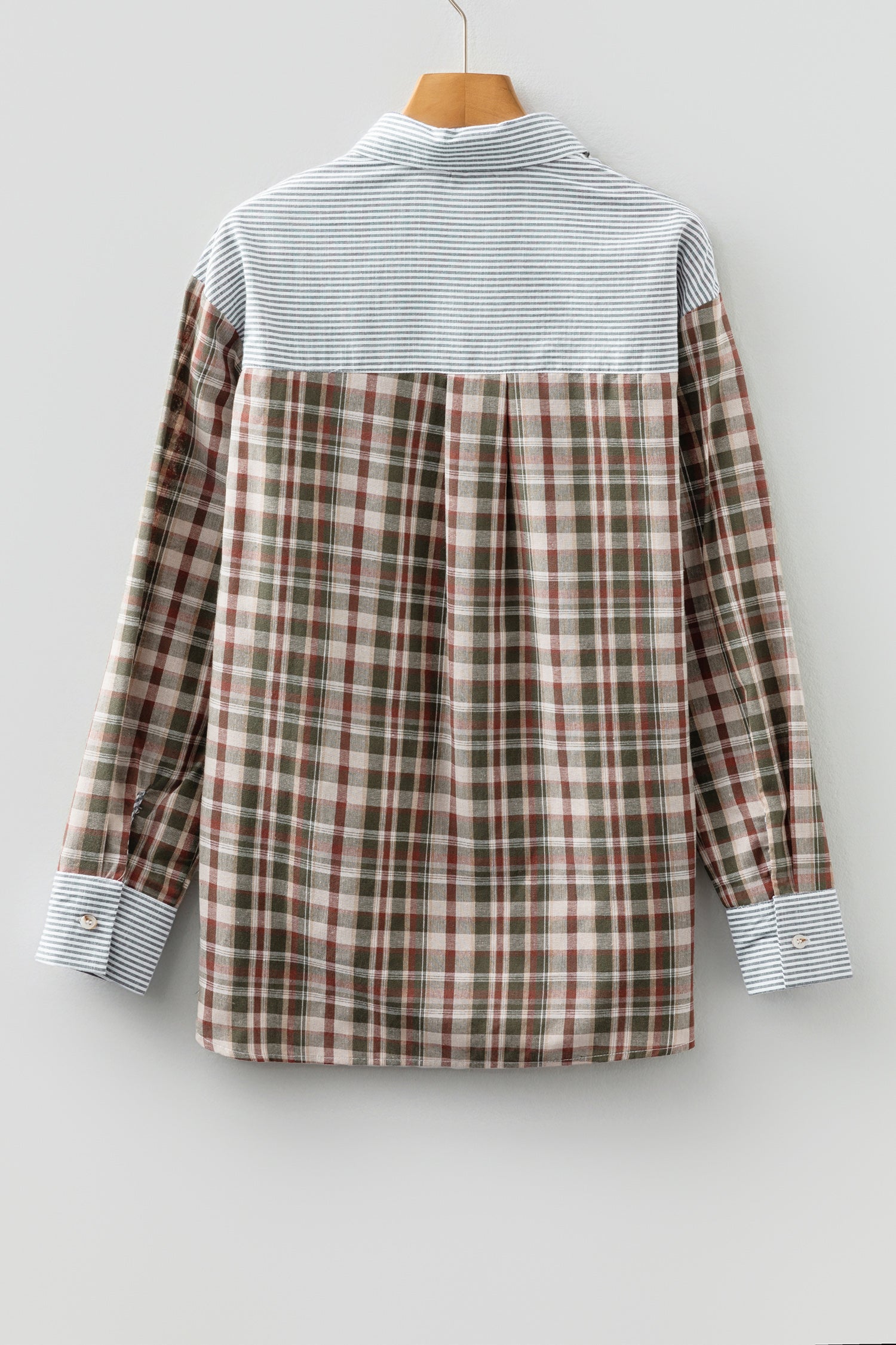 Brown Plaid Print Striped Patchwork Single Chest Pocket Buttoned Shirt-Tops/Blouses & Shirts-[Adult]-[Female]-2022 Online Blue Zone Planet