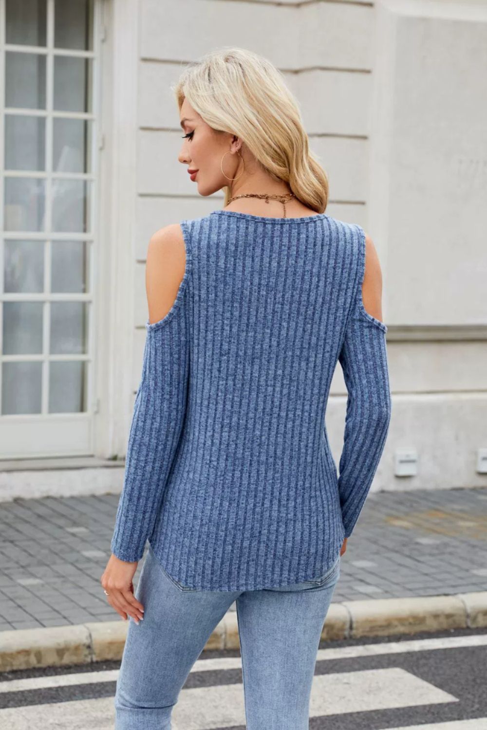 Ribbed Cold Shoulder Long Sleeve Top-TOPS / DRESSES-[Adult]-[Female]-2022 Online Blue Zone Planet