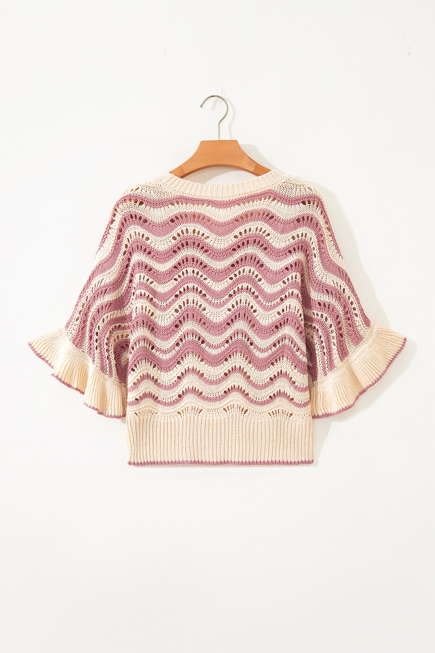 Beige Stripe Wavy Crochet Eyelet Detail Ruffle Half Sleeve Sweater-TOPS / DRESSES-[Adult]-[Female]-2022 Online Blue Zone Planet