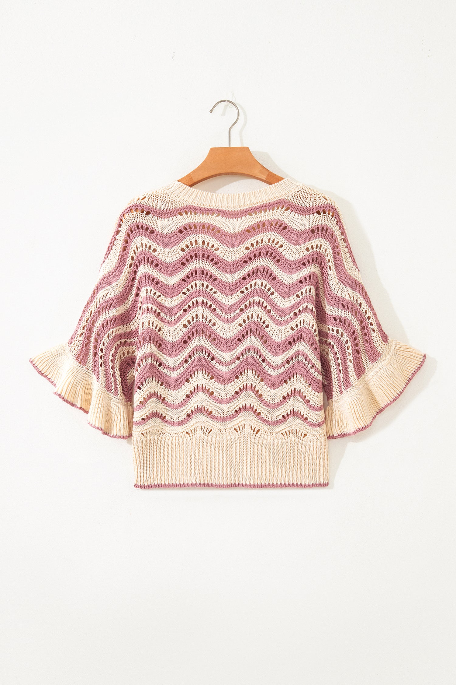 Beige Stripe Wavy Crochet Eyelet Detail Ruffle Half Sleeve Sweater-TOPS / DRESSES-[Adult]-[Female]-2022 Online Blue Zone Planet