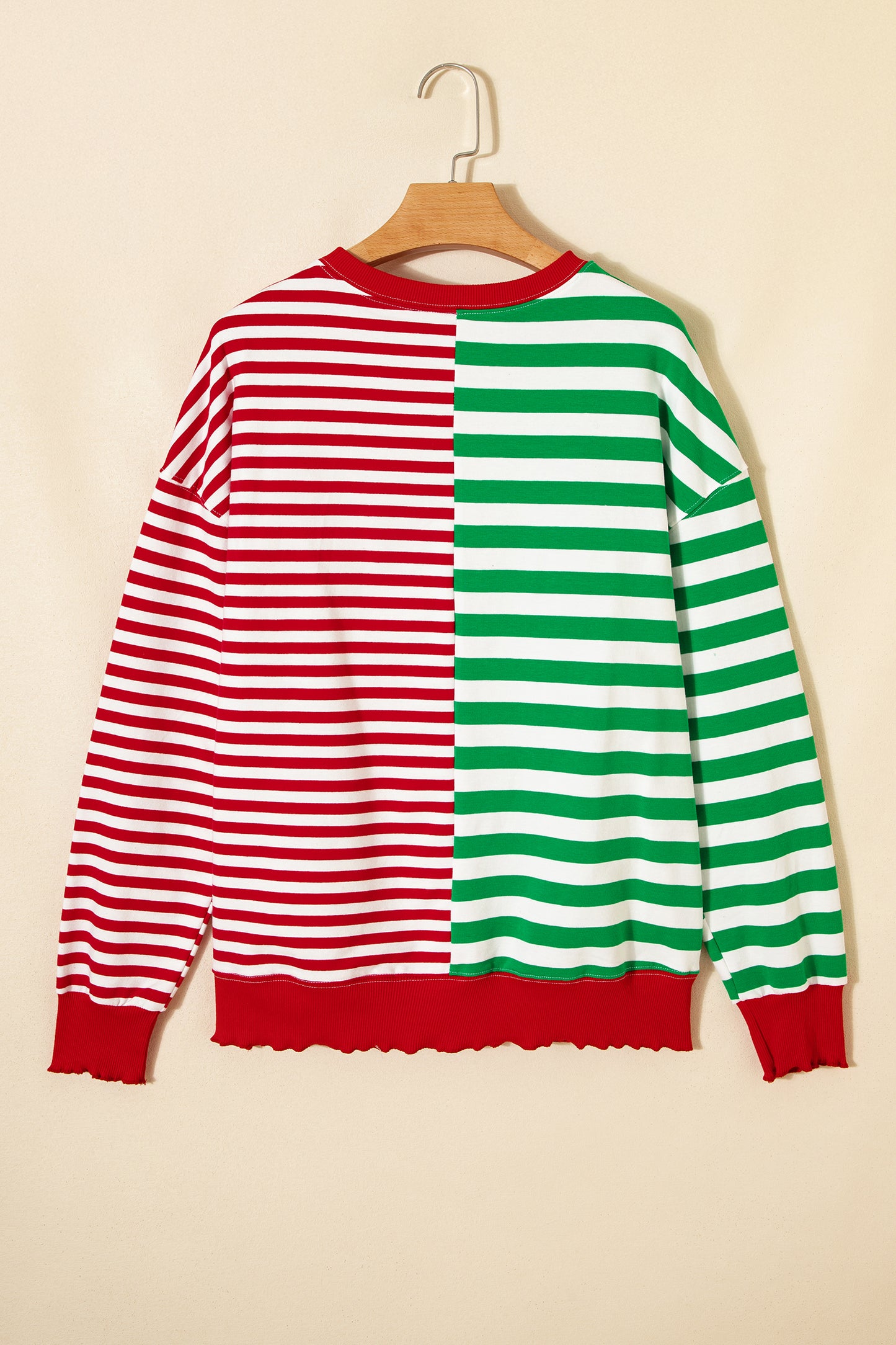 Green Stripe Contrasted Color Block Patchwork Baggy Sweatshirt-Tops/Sweatshirts & Hoodies-[Adult]-[Female]-2022 Online Blue Zone Planet