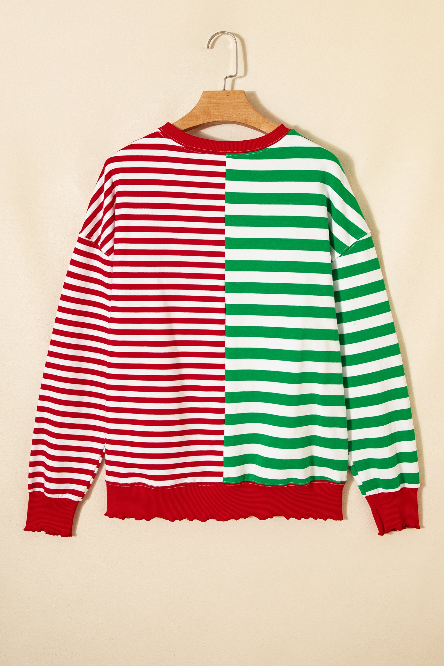 Green Stripe Contrasted Color Block Patchwork Baggy Sweatshirt-Tops/Sweatshirts & Hoodies-[Adult]-[Female]-2022 Online Blue Zone Planet