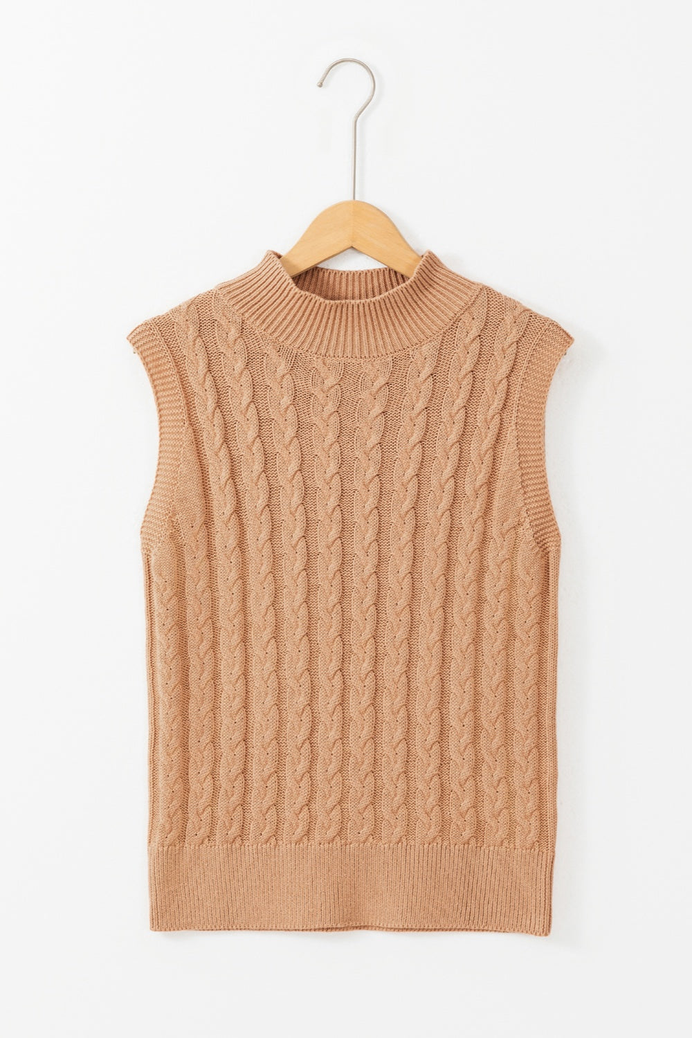 Cable-Knit Mock Neck Sweater Vest-TOPS / DRESSES-[Adult]-[Female]-Camel-S-2022 Online Blue Zone Planet