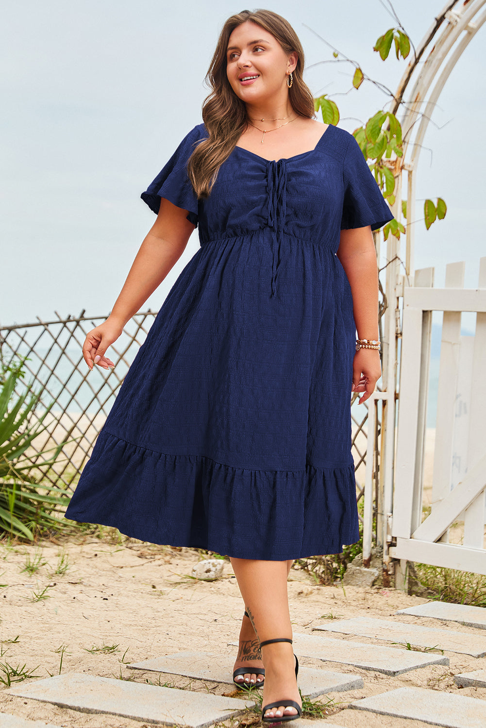 Blue Plus Size Short Sleeve Lace-up High Waist Midi Dress-Plus Size Midi Dresses-[Adult]-[Female]-2022 Online Blue Zone Planet