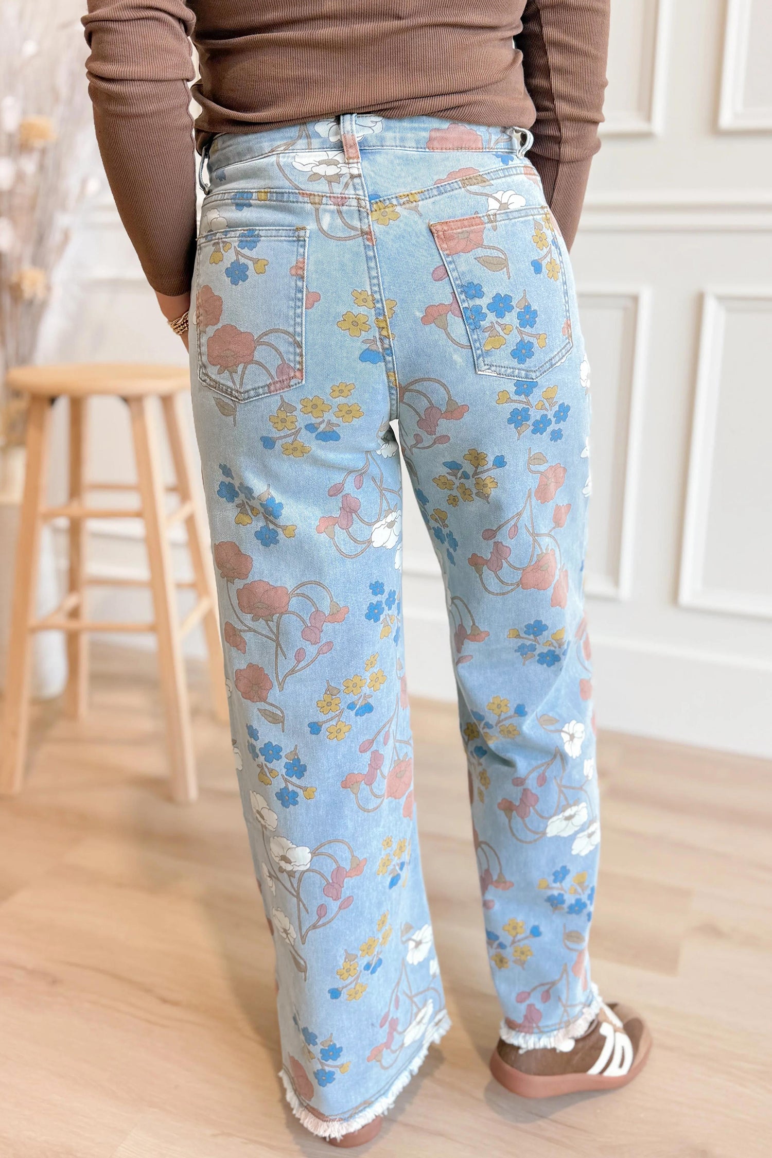 Sky Blue Floral Printed Raw Hem Shift Jeans-Bottoms/Jeans-[Adult]-[Female]-2022 Online Blue Zone Planet
