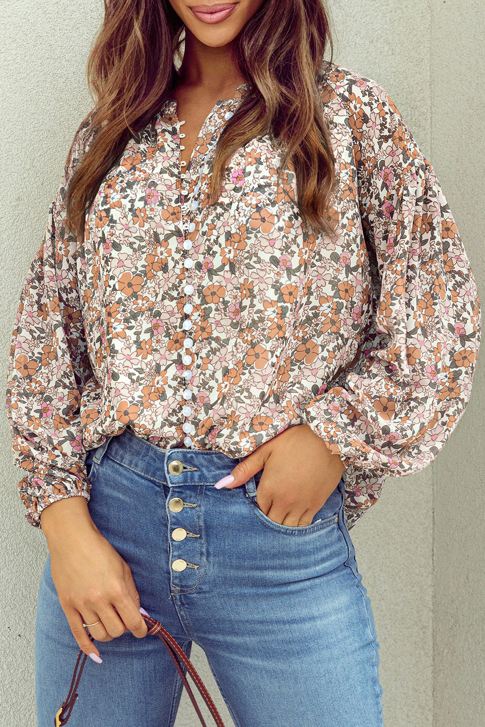 Orange Bohemian Floral Puff Sleeve Full Button Shirt-Tops/Blouses & Shirts-[Adult]-[Female]-2022 Online Blue Zone Planet
