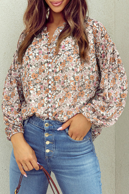 Orange Bohemian Floral Puff Sleeve Full Button Shirt-Tops/Blouses & Shirts-[Adult]-[Female]-2022 Online Blue Zone Planet