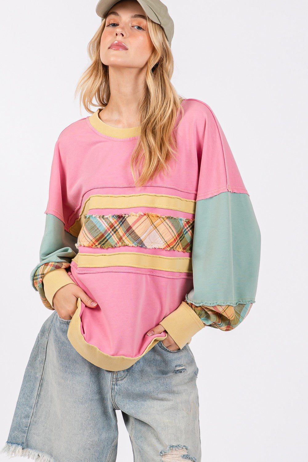 Blue Zone Planet | SAGE + FIG Mineral Wash Raw Edge Color Block Sweatshirt-TOPS / DRESSES-[Adult]-[Female]-2022 Online Blue Zone Planet