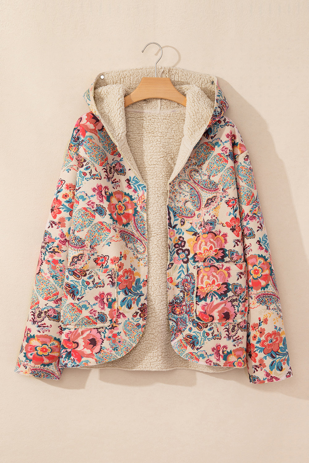 Blue Zone Planet | Beige Vintage Paisley Floral Printed Sherpa Lined Hooded Jacket-Outerwear/Jackets-[Adult]-[Female]-2022 Online Blue Zone Planet